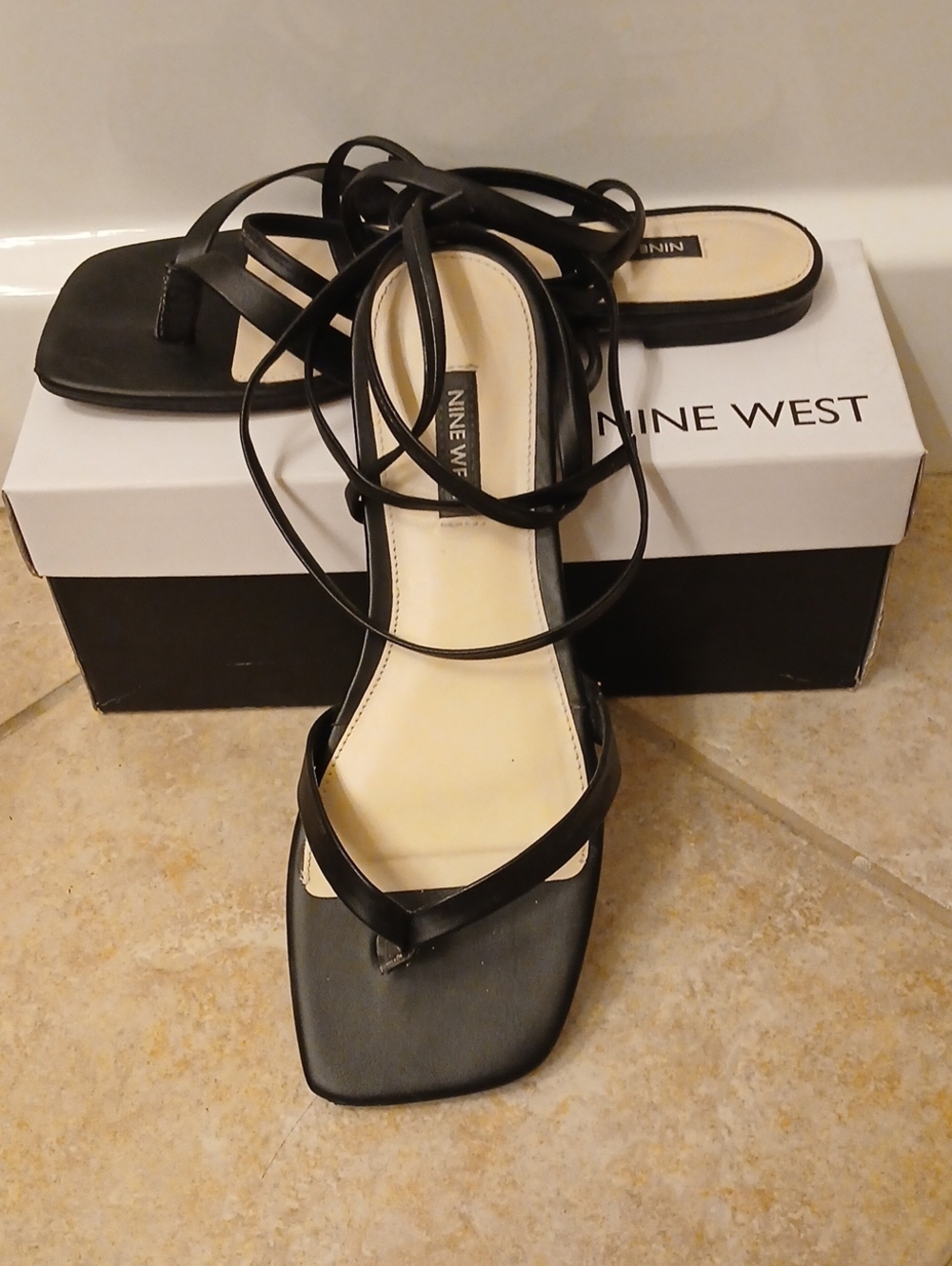 Nine West Black Strappy Toe-Loop Wrap Sandals
